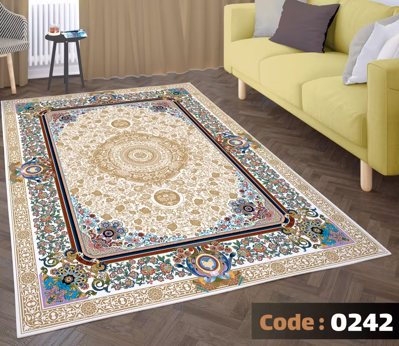 کاورفرش روفرشی دورکشدار گوشه لیفه ای کرم  قهوه ای کد 0242
