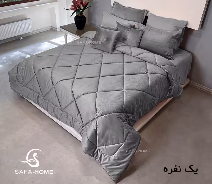 روتختی یک نفره مخمل کالیفرنیا 5 تکه طرح لوزی طوسی روشن