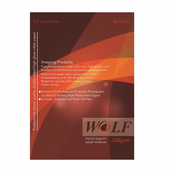 کاغذ فتو گلاسه دورو 200 گرم ولف سایز A3