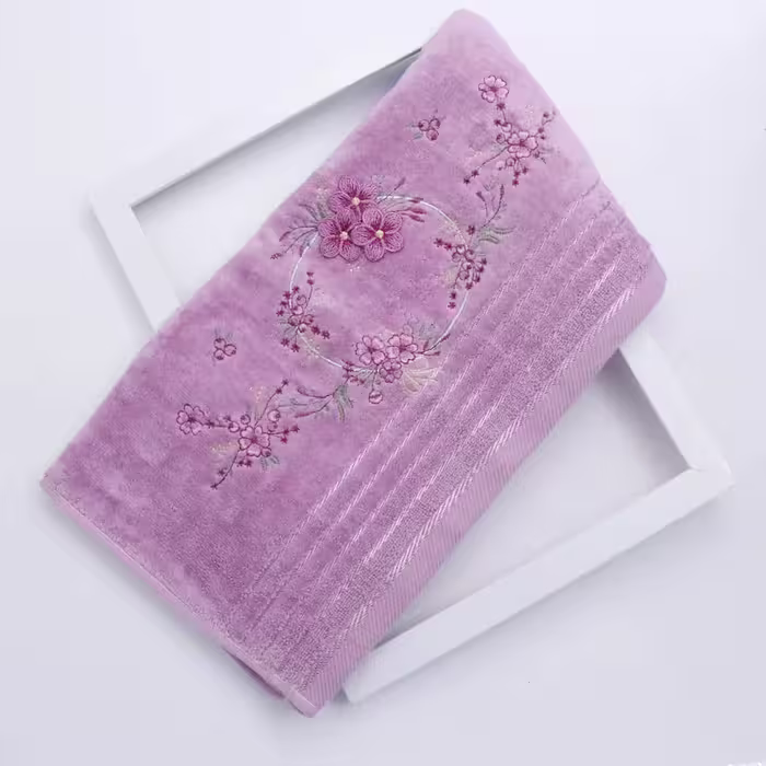 حوله دستی گلدورزی مخمل رنگ یاسی (2) کد 61702
