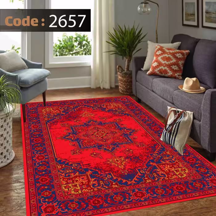 کاورفرش روفرشی دورکشدار گوشه لیفه ای لاکی ، آبی و متنوع کد 2657