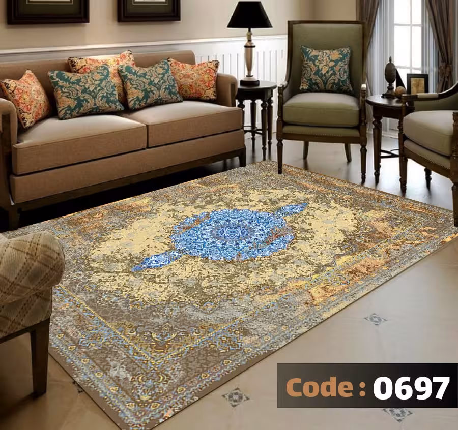 کاورفرش روفرشی دورکشدار گوشه لیفه ای کرم  قهوه ای کد 0697