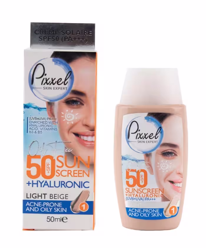 کرم ضد افتاب رنگ بژ روشن مناسب پوست چرب و جوش دار SPF50 پیکسل
