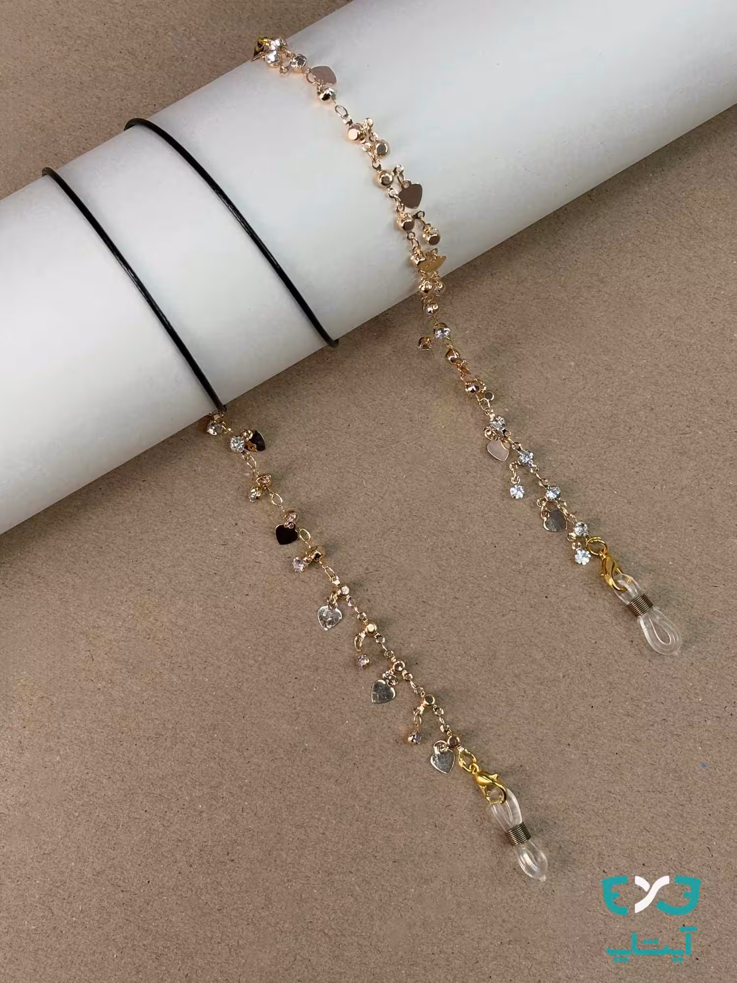 بند عینک زنجیری قلب با چرم مشکی