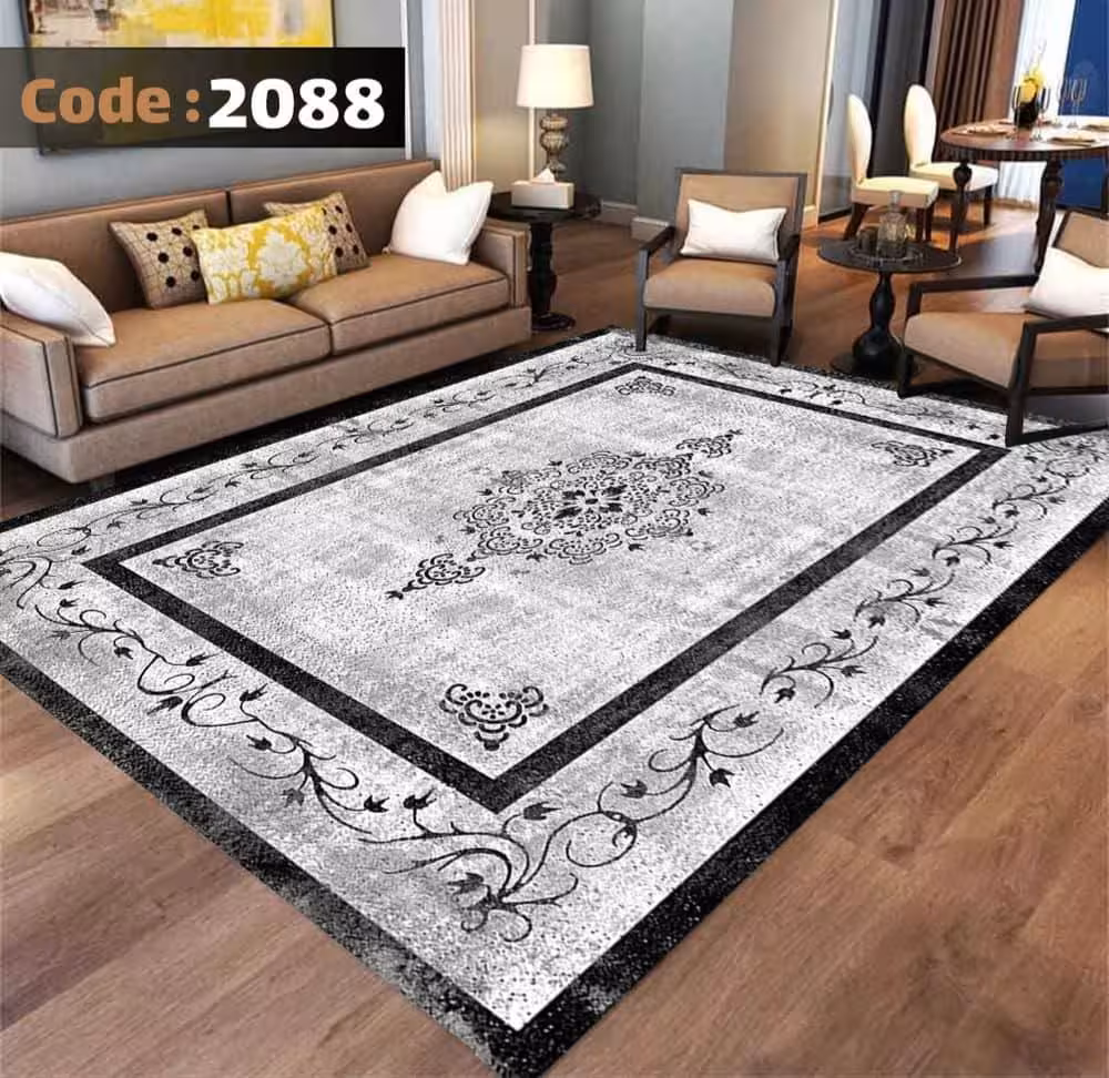 کاورفرش روفرشی دورکشدار گوشه لیفه ای طوسی کرم کد 2088