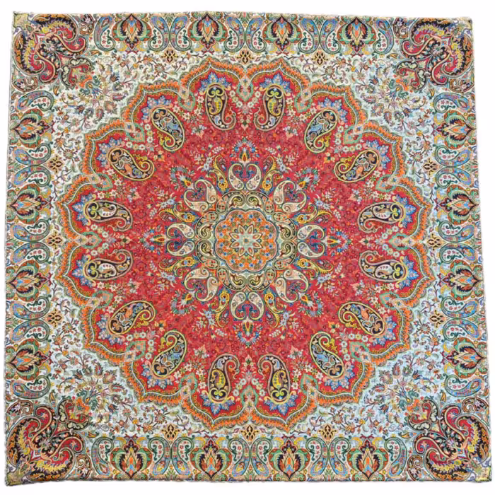 رومیزی مربع ترمه ابریشم کد TRM174 نفیس رنگ قرمز آستر زرشکی مغزی دوزی