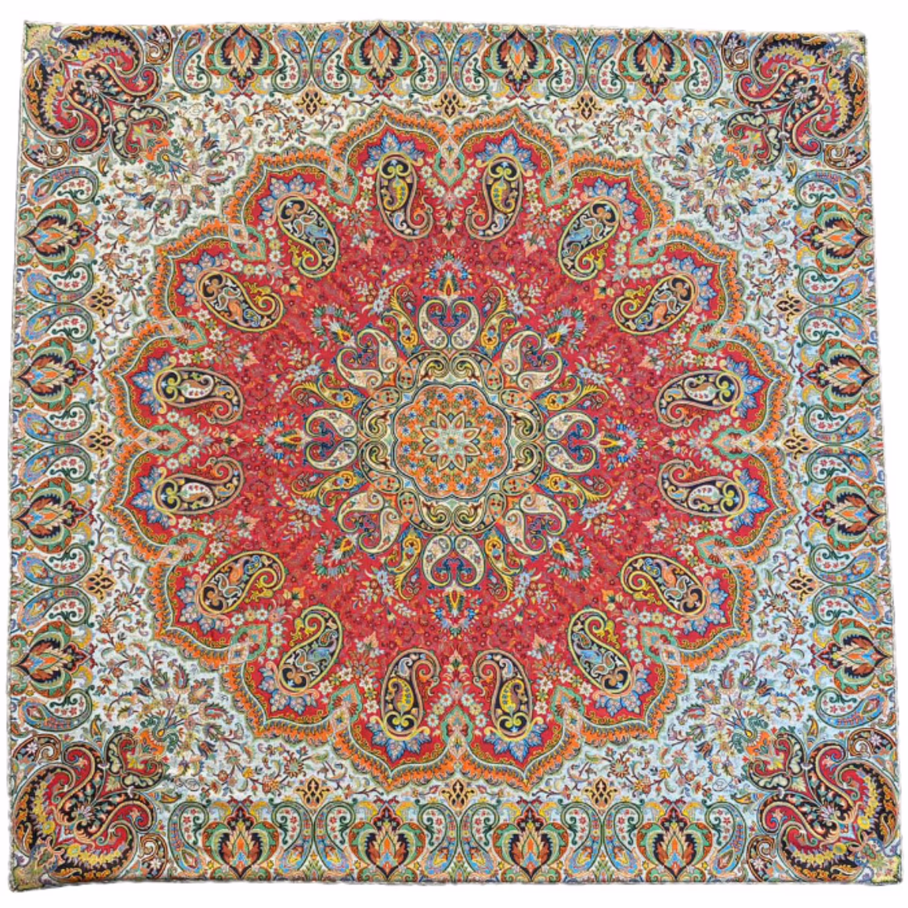 رومیزی مربع ترمه ابریشم کد TRM174 نفیس رنگ قرمز آستر زرشکی مغزی دوزی