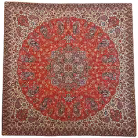 رومیزی مربع ترمه ابریشم کد TRM197 نفیس رنگ قرمز آستر زرشکی لبه مغزی دوزی