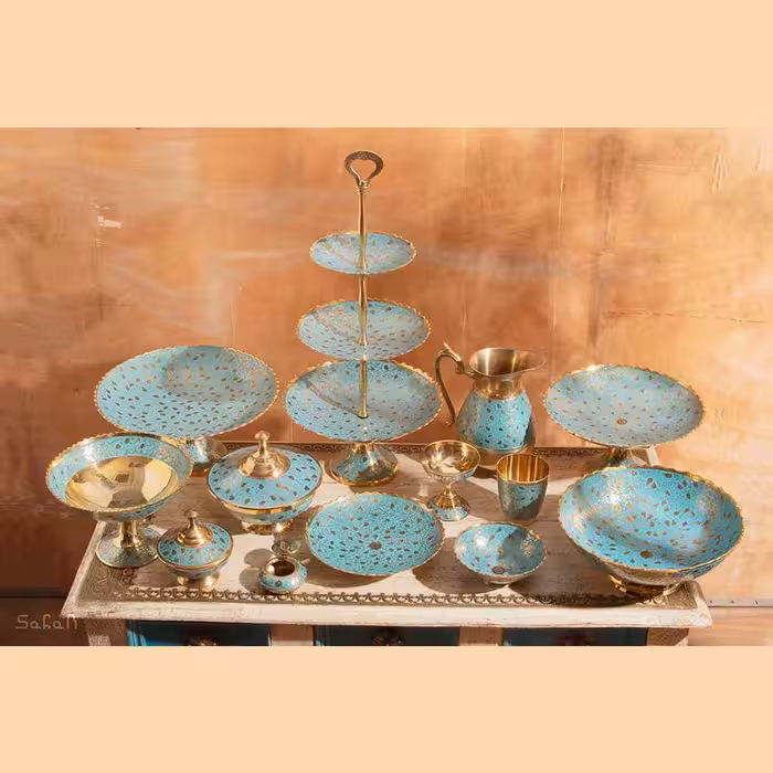 ست کامل 33 پارچه برنجی طرح انگور رنگ فیروزه ای کد 354