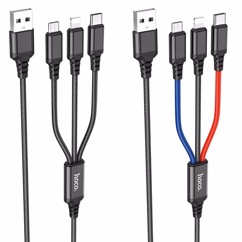 کابل شارژ USB-A TO IPHONE/MICRO/USB-C هوکو مدل X76  طول 1 متر