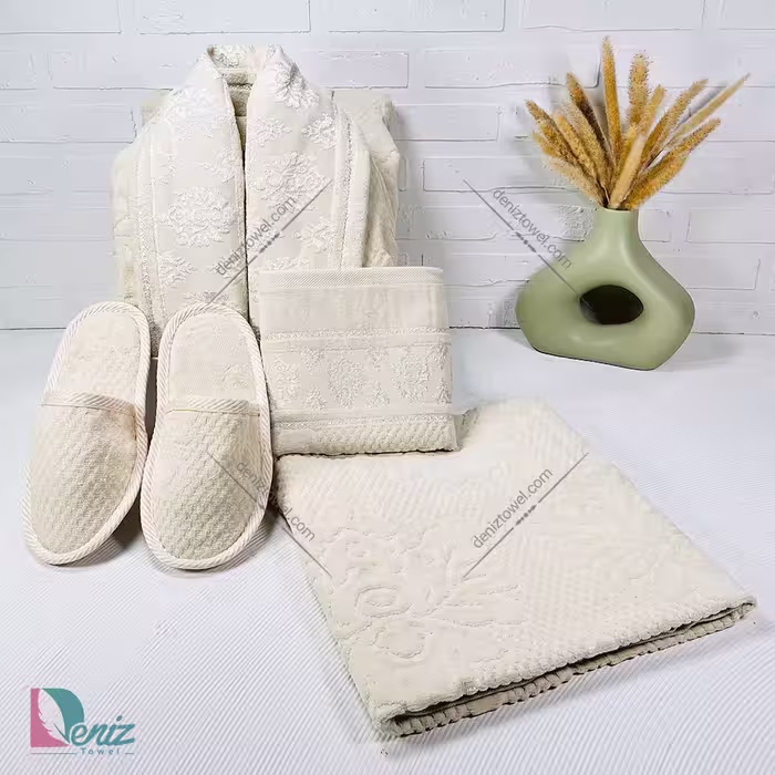 حوله ست یک نفره ژاکارد رنگ کرم