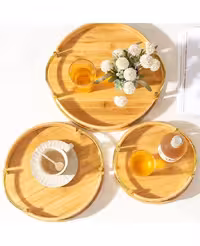 سینی پذیرایی بامبو دسته طلایی گرد 3 تایی