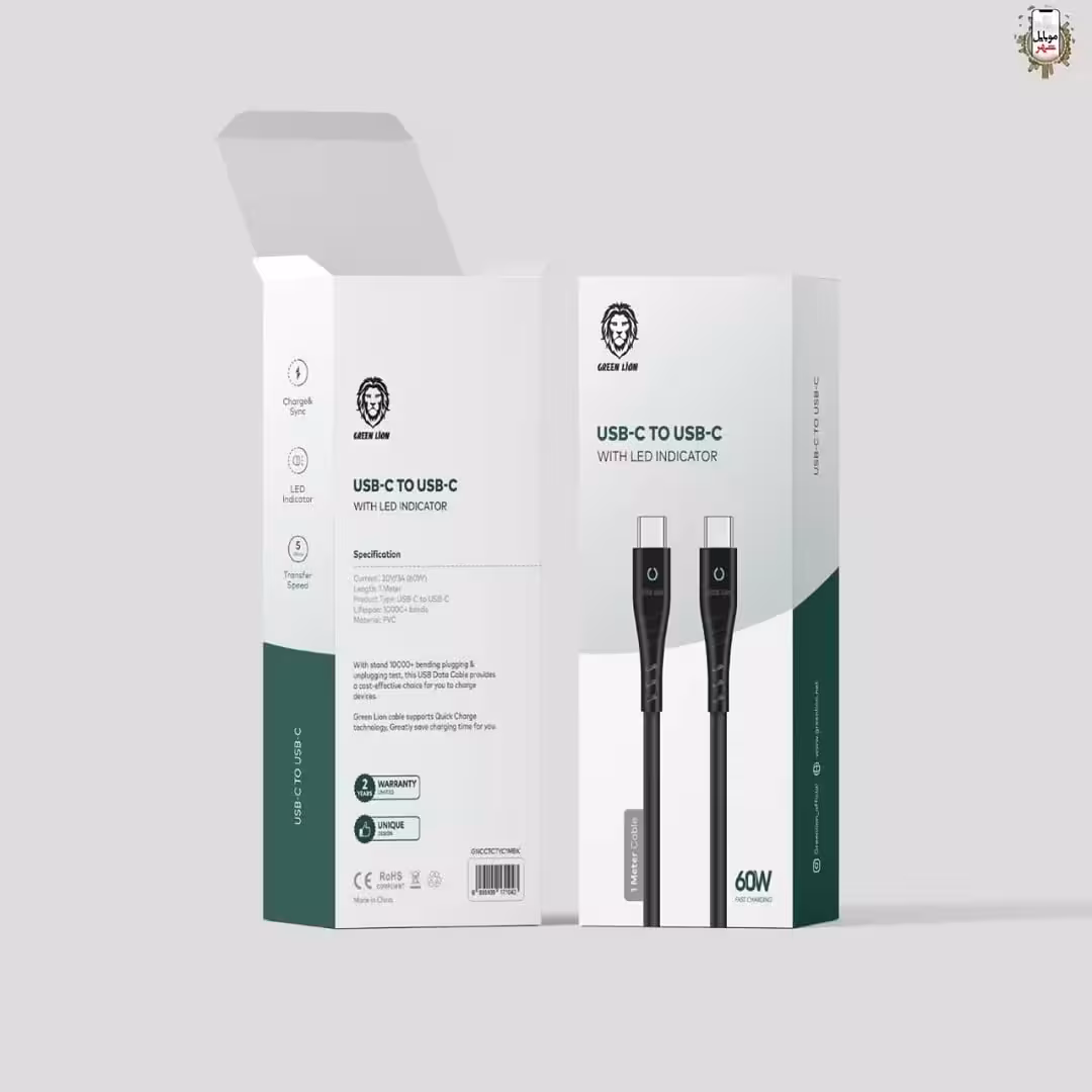 سیم شارژ تایپ سی به تایپ سی با نشانگر ال ای دی گرین Green usb-c to usb-c with LED indicator cable