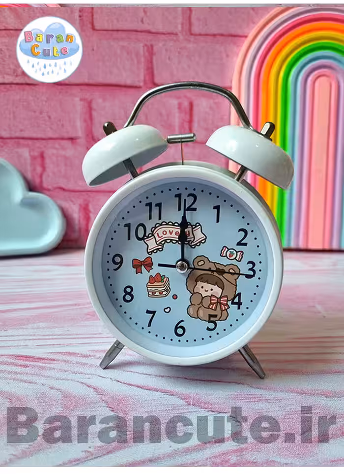 ساعت رومیزی سایز بزرگ فانتزی زنگ دار بدنه فلزی طرح کیوت سفید