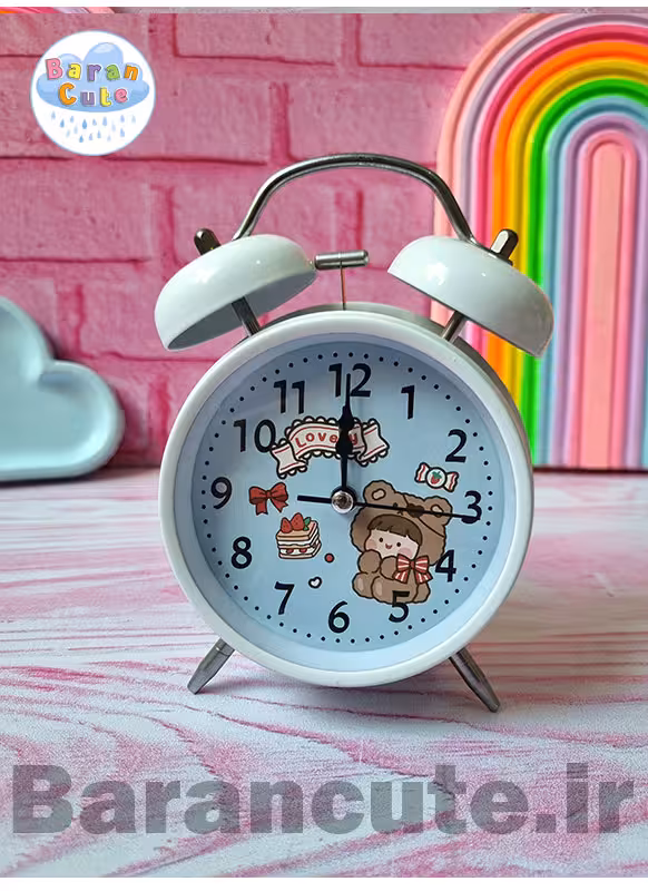 ساعت رومیزی سایز بزرگ فانتزی زنگ دار بدنه فلزی طرح کیوت سفید