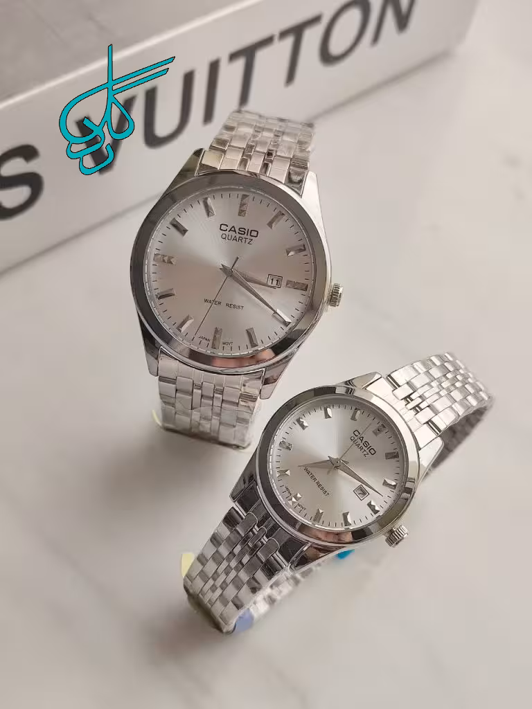 خرید ست ساعت زنانه و مردانه کاسیو کلاسیک استیل رنگ ثابت تقویم دار قفل ضامن دار کیفیت عالی کد 2117190 - ردگل