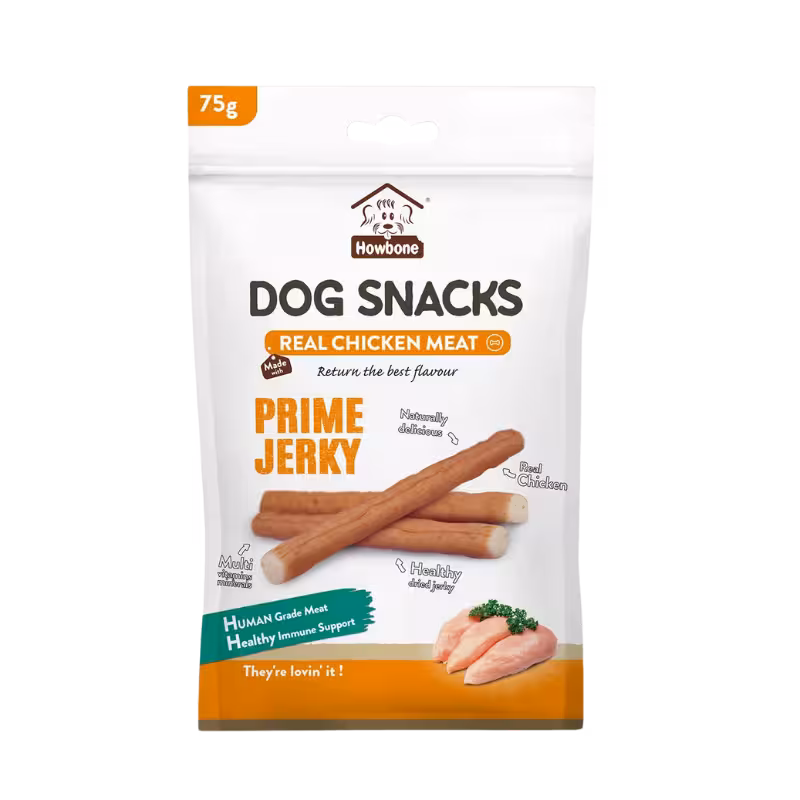 تشویقی سگ اسنک نرم طعم مرغ مدل prime jerky برند How Bone هاو بن 75 گرمی