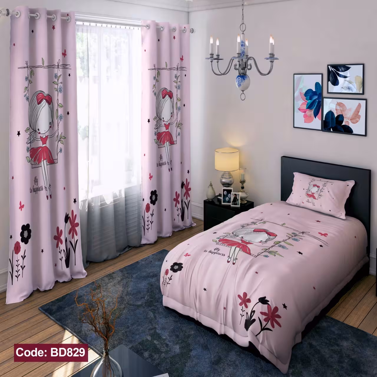 پرده پانچی مخمل چاپی دخترانه کد 829