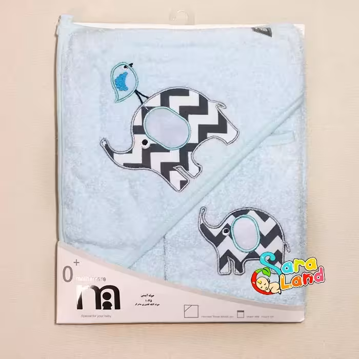 ست حوله و لیف نوزاد mothercare طرح فیل و پرنده آبی
