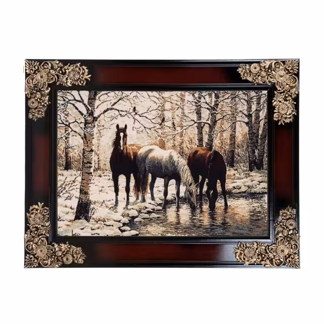 تابلو فرش ماشینی دنیای فرش طرح سه اسب در برکه کد 119