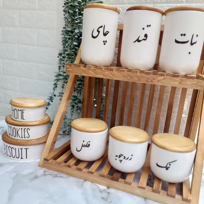 ست پا سماوری جا ادویه و بانکه سرامیکی تکست نوشته فارسی درب چوبی 