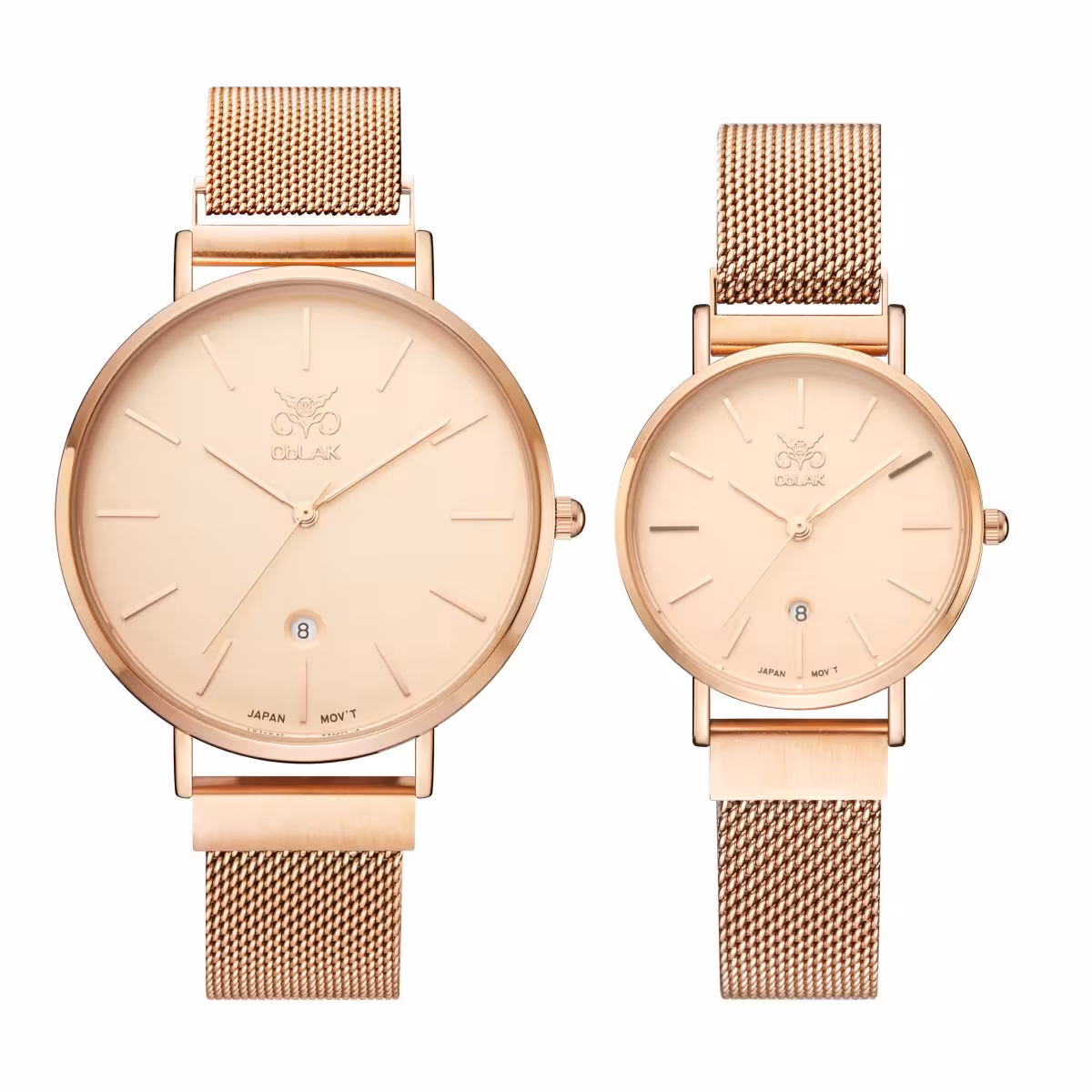 ست ساعت مچی عقربه ای زنانه و مردانه اوبلاک مدل 72704 رنگ رزگلد صفحه رزگلد