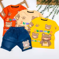 ست تیشرت و شلوارک لی کاغذی اسپورت بچگانه شیک و خوشگل مناسب حدود سنی 2 تا 10 سال جنس بلوز پنبه لاکرادار درجه یک 