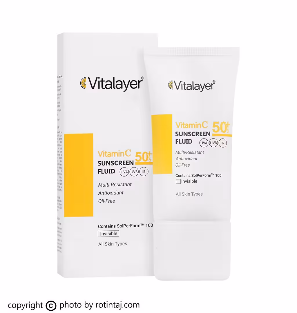 فلوئید ضد آفتاب ویتامین سی بی رنگ SPF50 ویتالیر،‌ فلوئید ضدافتاب انواع پوست بی رنگ Vitamin C ویتالیر 50 میلی