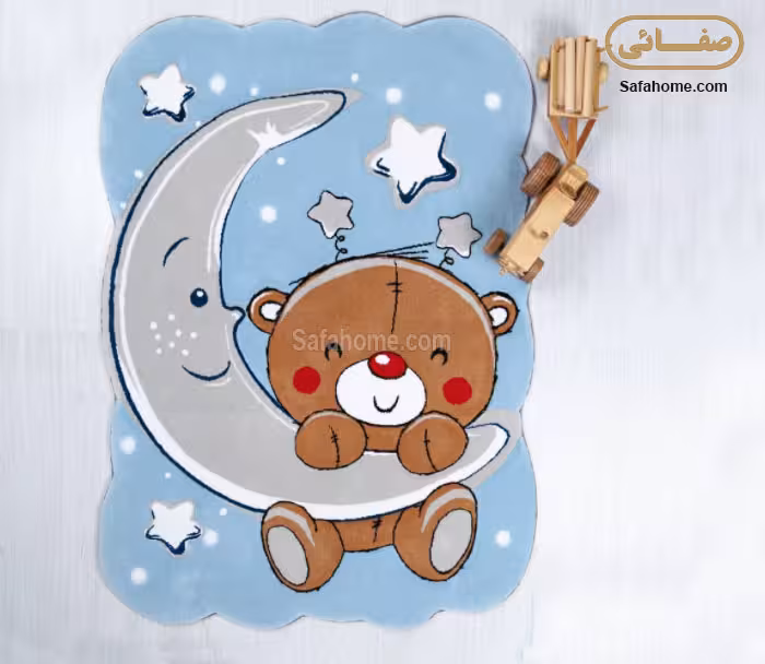 فرش کودک زرباف طرح خرس و ماه آبی