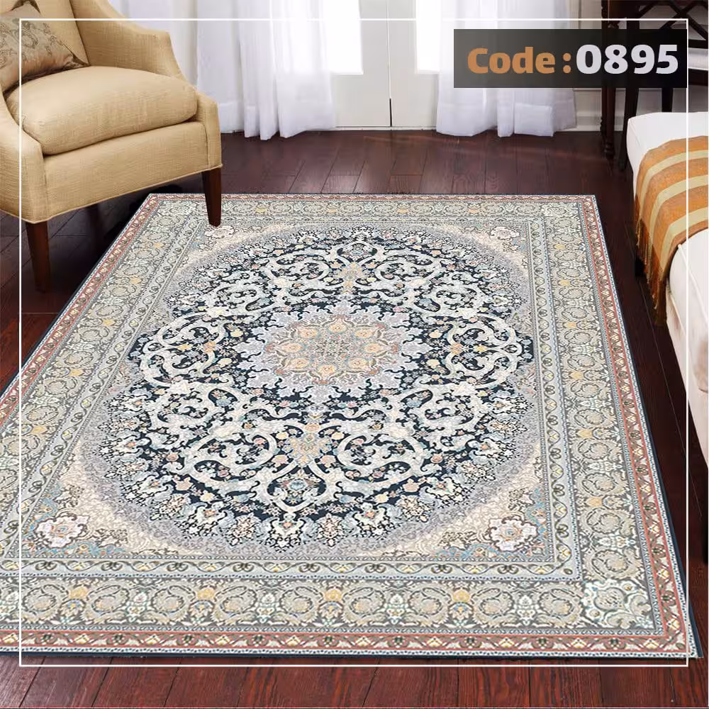کاورفرش روفرشی دورکشدار گوشه لیفه ای لاکی ، آبی و متنوع کد 0895