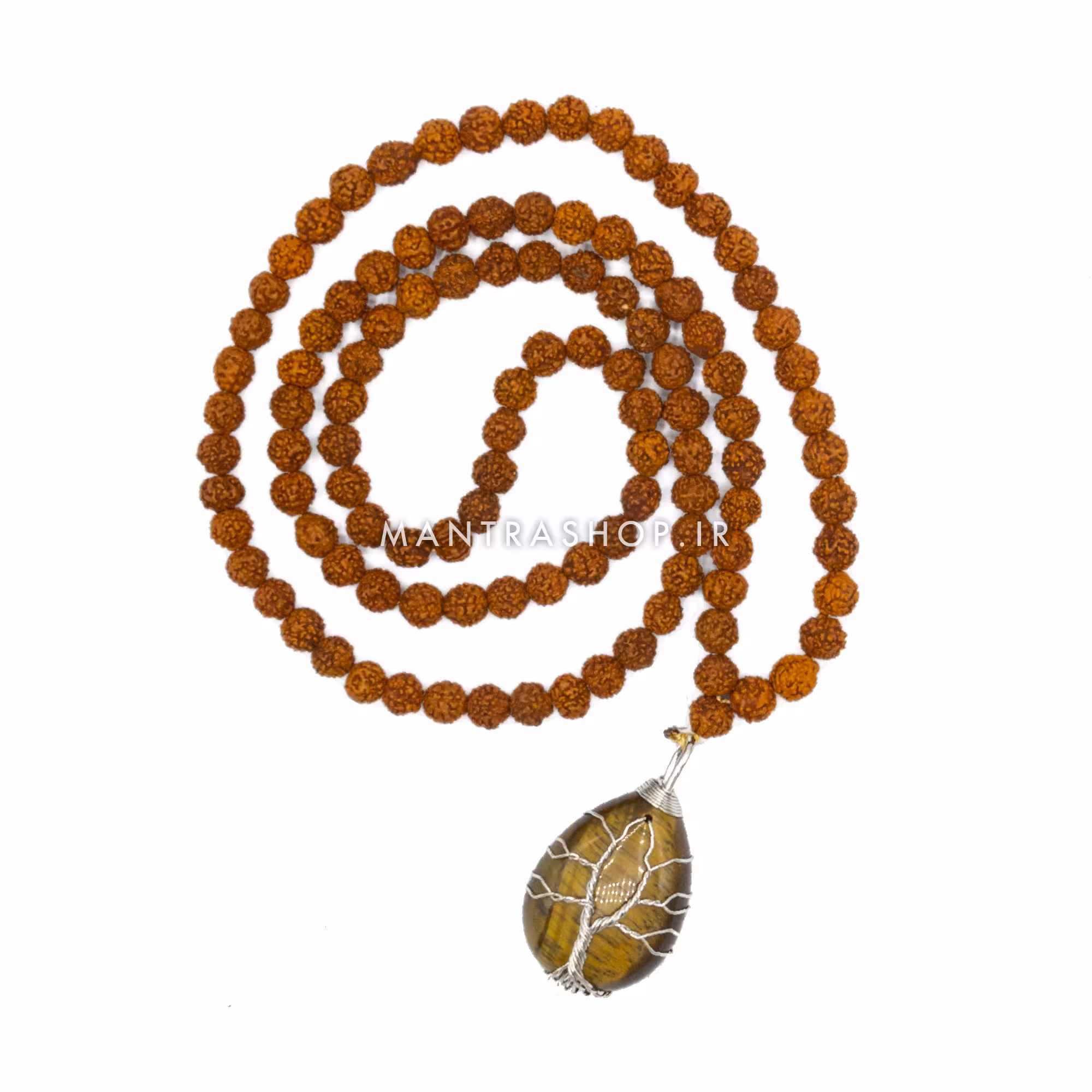 گردنبند رودراکشا مالا با آویز سنگ چشم ببر و درخت زندگی
