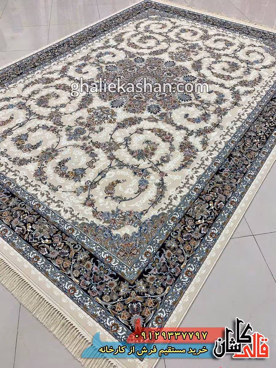 فرش 1000 شانه طرح باغ حریر زمینه کرم چرک کاشان – گل برجسته