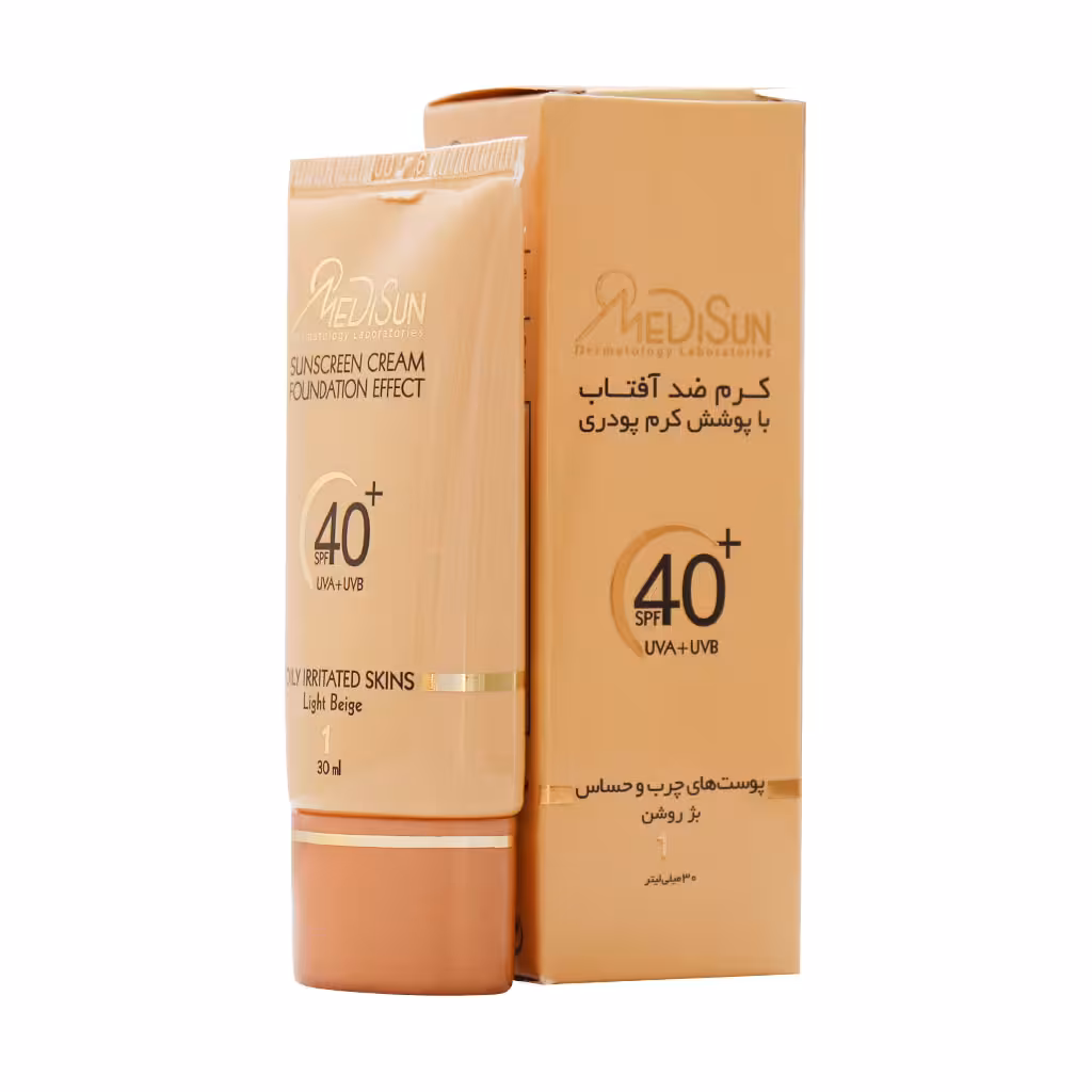 کرم ضد آفتاب با پوشش کرم پودر مناسب پوست های چرب و حساس بژ طبیعی مدیسان MEDISUN CREAM FOUNDATION FOR OILY AND IRRITATED SKINS