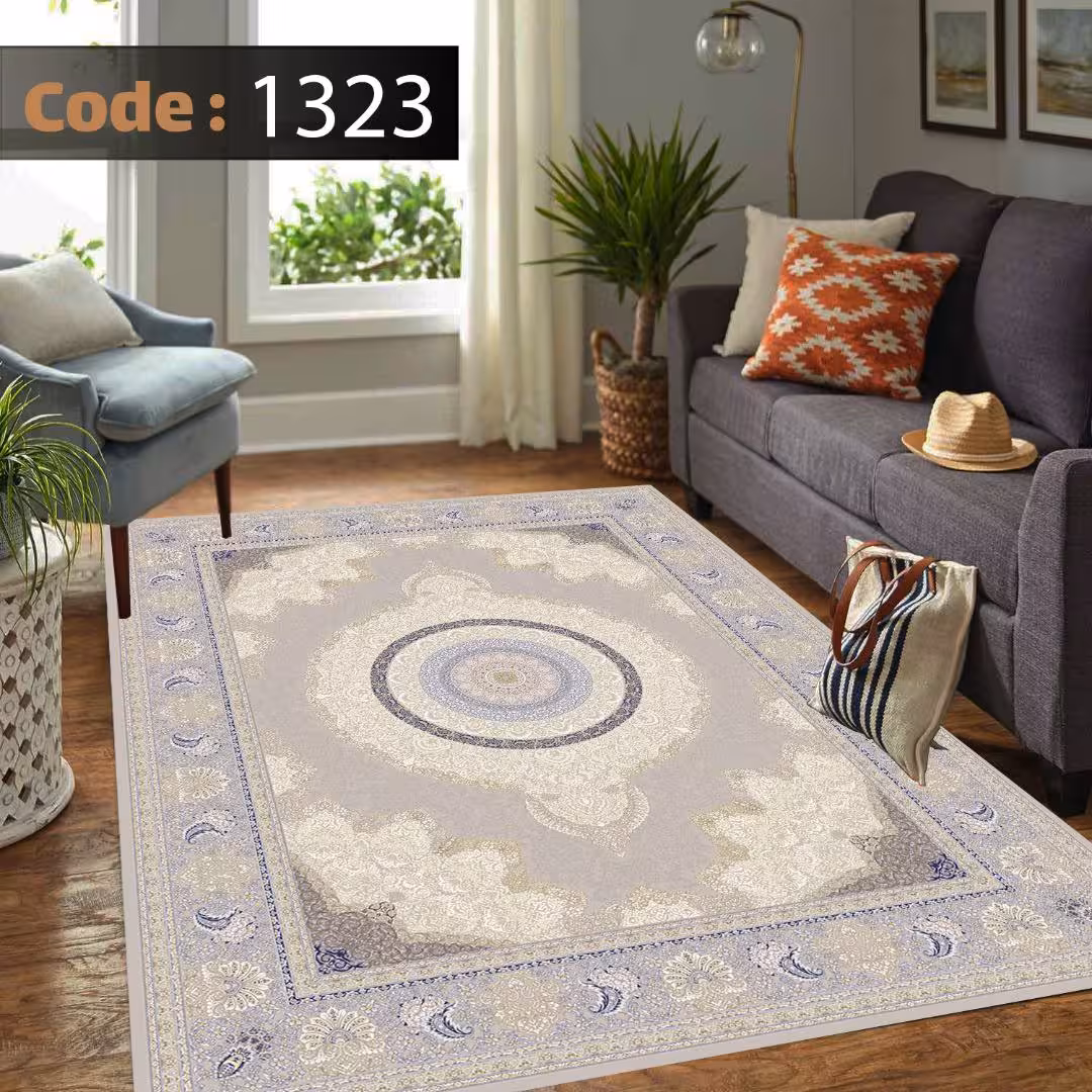 کاورفرش روفرشی دورکشدار گوشه لیفه ای طوسی کرم کد 1323
