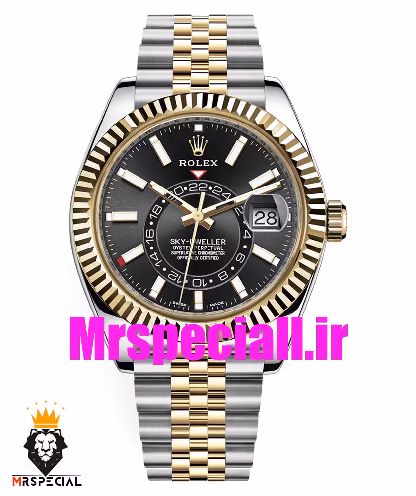 ساعت مردانه رولکس مدل اسکای دالر اتوماتیک بند ژوبیل دورنگ طلایی صفحه مشکی 020671 Rolex Sky Dweller