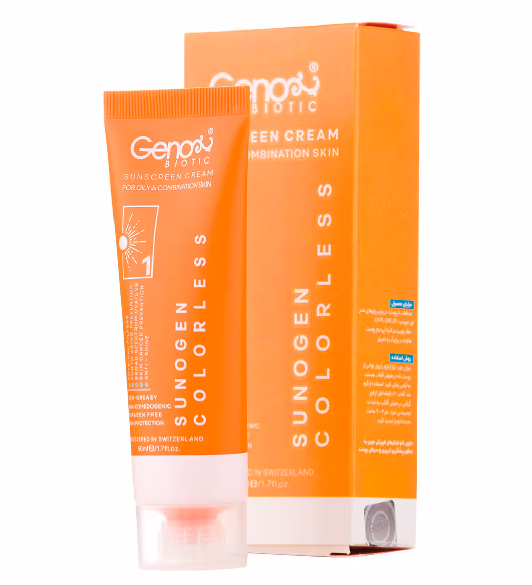 ضد آفتاب ژنوبایوتیک بی رنگ پوست چرب و مختلط مدل Sunogen با SPF50 Genobiotic Colorless SunoGen Sunscreen Cream for oily Skin SPF50 50g