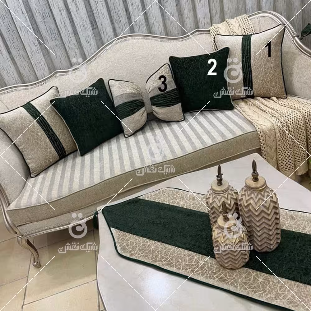کاور کوسن مخمل طرح شهرزاد کد 3 (بژ و سبز تیره)