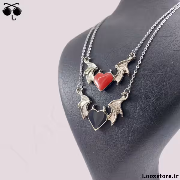 گردنبند ست عاشقانه قلب بالدار قرمز و مشکی