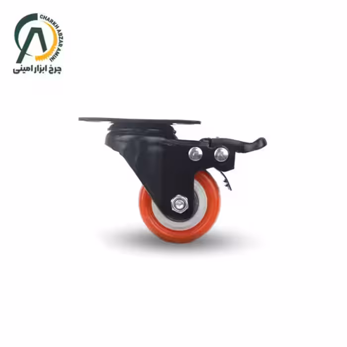 چرخ پلی آمید نارنجی وارداتی پایه مشکی گردان ترمزدار قطر 50 میلی متر