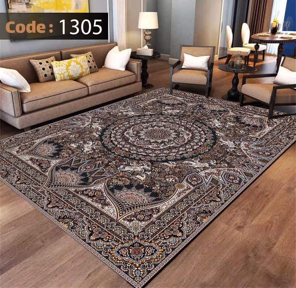 کاورفرش روفرشی دورکشدار گوشه لیفه ای کرم  قهوه ای کد 1305