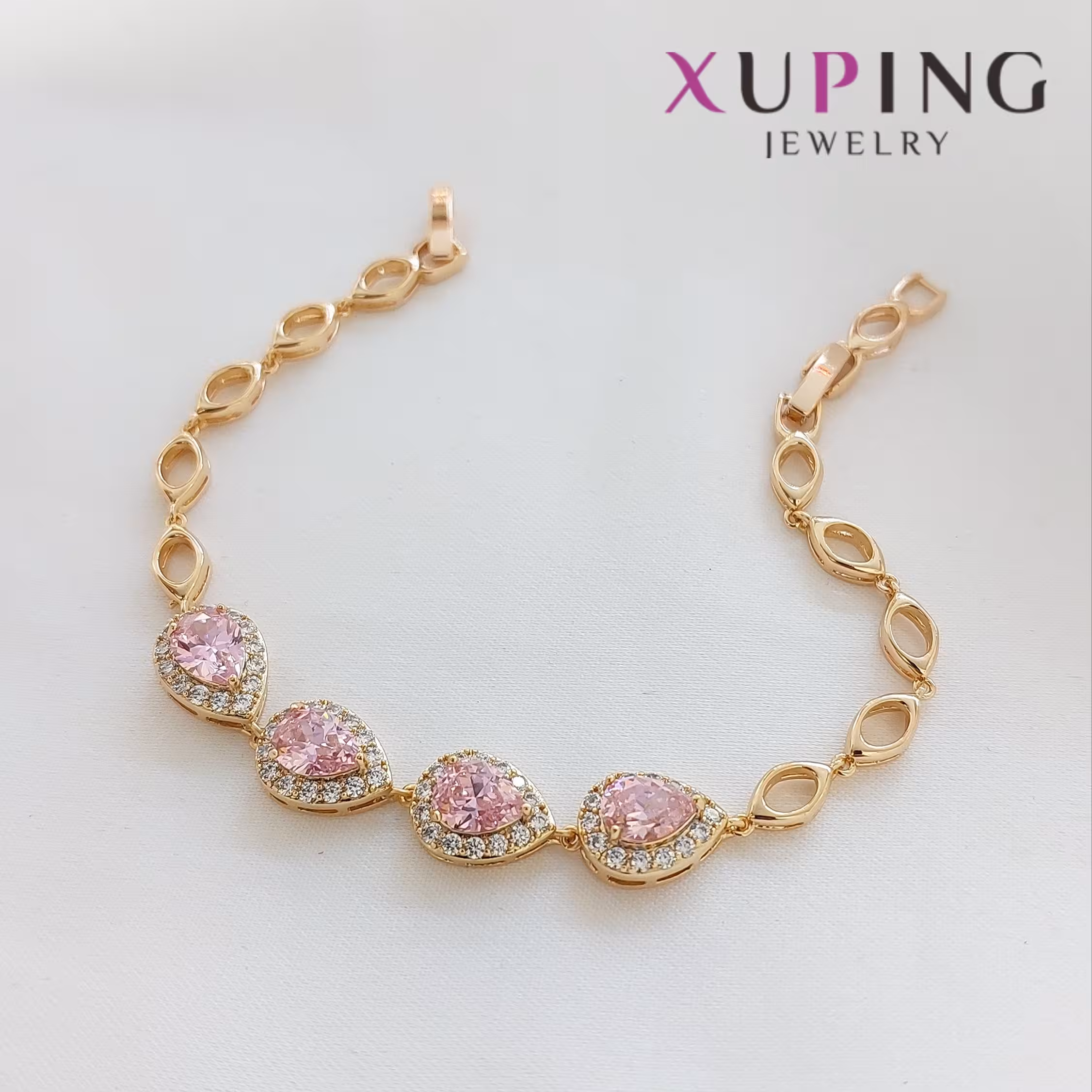 دستبند ژوپینگ نگیندار با کریستال های صورتی رنگ با ثبات رنگ عالی و ضدحساسیت