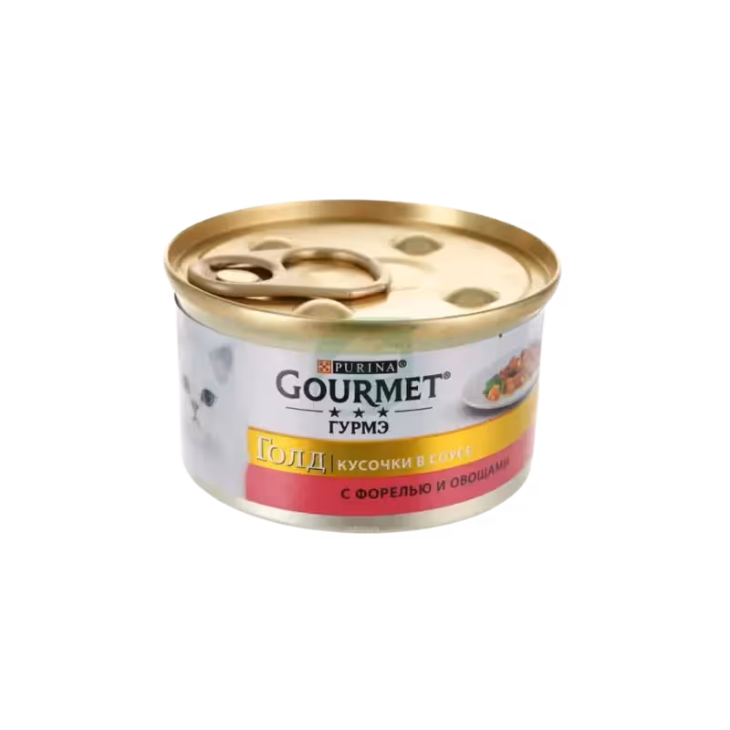 کنسرو گربه تکه ای با طعم ماهی قزل آلا و سبزیجات برند Gourmet گورمت 85 گرمی