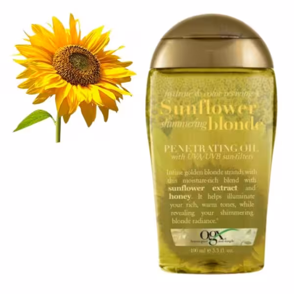 روغن مو جذاب ogx حجم 100 میل ساخت آمریکاsunflower blonde آبرسان فوق العاده قوی مو