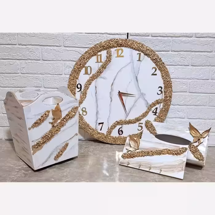 ست ساعت رزینی 60 سانت ب همراه سطل و جا دستمال و جاکلیدی جهیزیه عروس