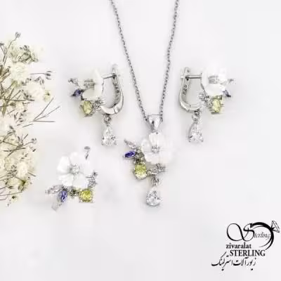 نیمست مجلسی نقره طرح گل با نگین رنگی عیار925 کد 18533