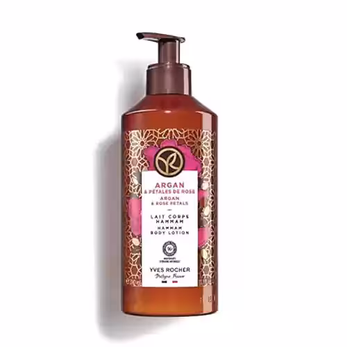 لوسیون نرم کننده و خوشبو کننده بدن فرانسوی ایوروشه Yves Rocher Argan & Rose Petals با رایحه گل رز و روغن آرگان 390 میل