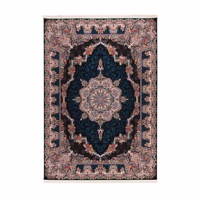 فرش ماشینی دنیای فرش طرح تندیس رنگ زمینه سورمه ای