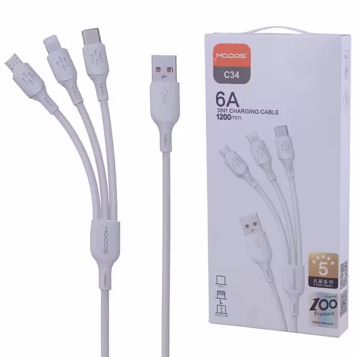 کابل سه سر فست شارژ 6 آمپر مودوس C34 طول 1.2 متر
