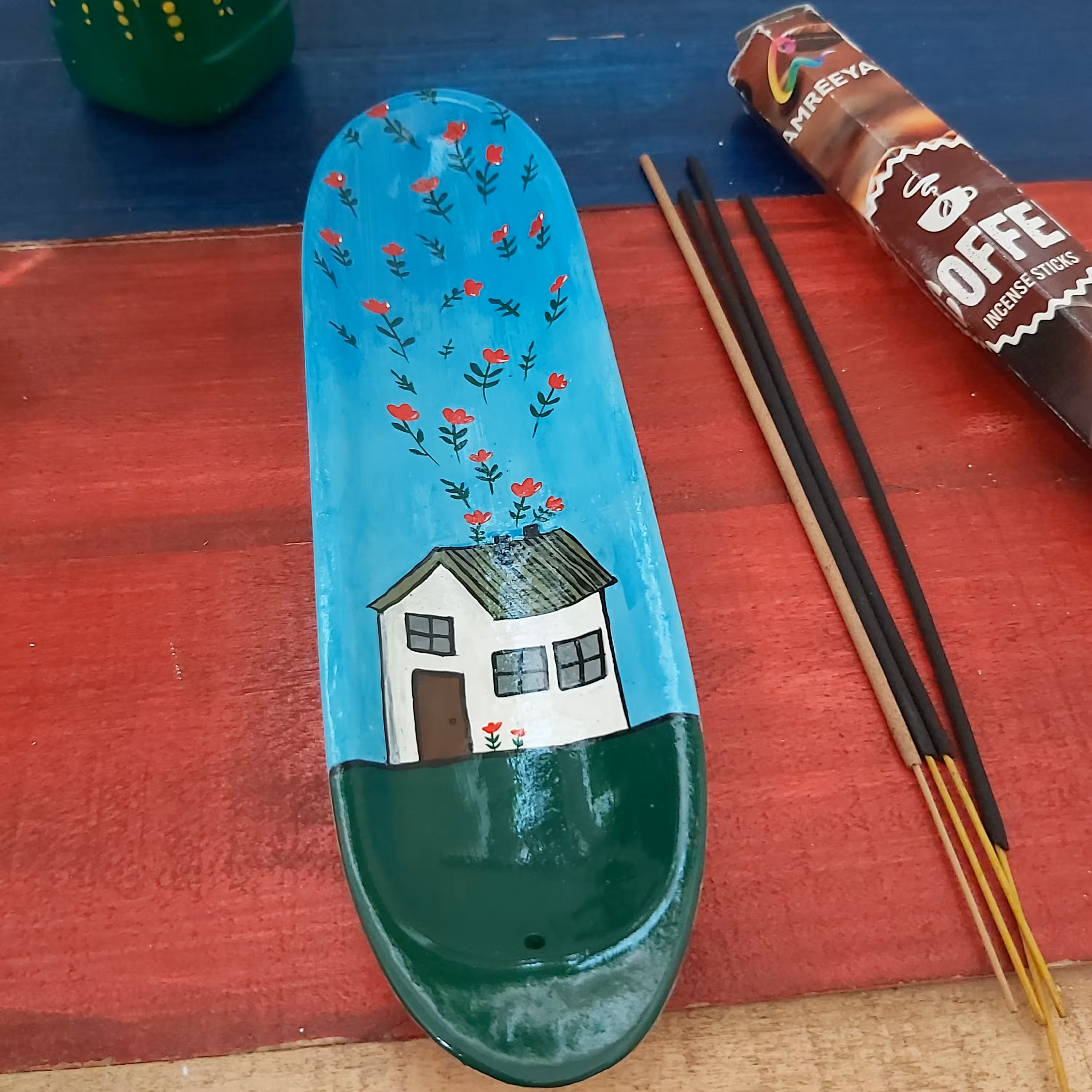 جاعودی سفالی طراحی شده با رنگ اکریلیک ابعاد تقریبی 24 در6سانتیمتر قابل شستشو طرح کاکتوس