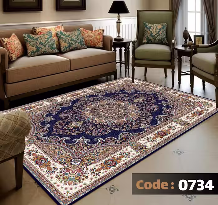 کاورفرش روفرشی دورکشدار گوشه لیفه ای لاکی ، آبی و متنوع کد 0734